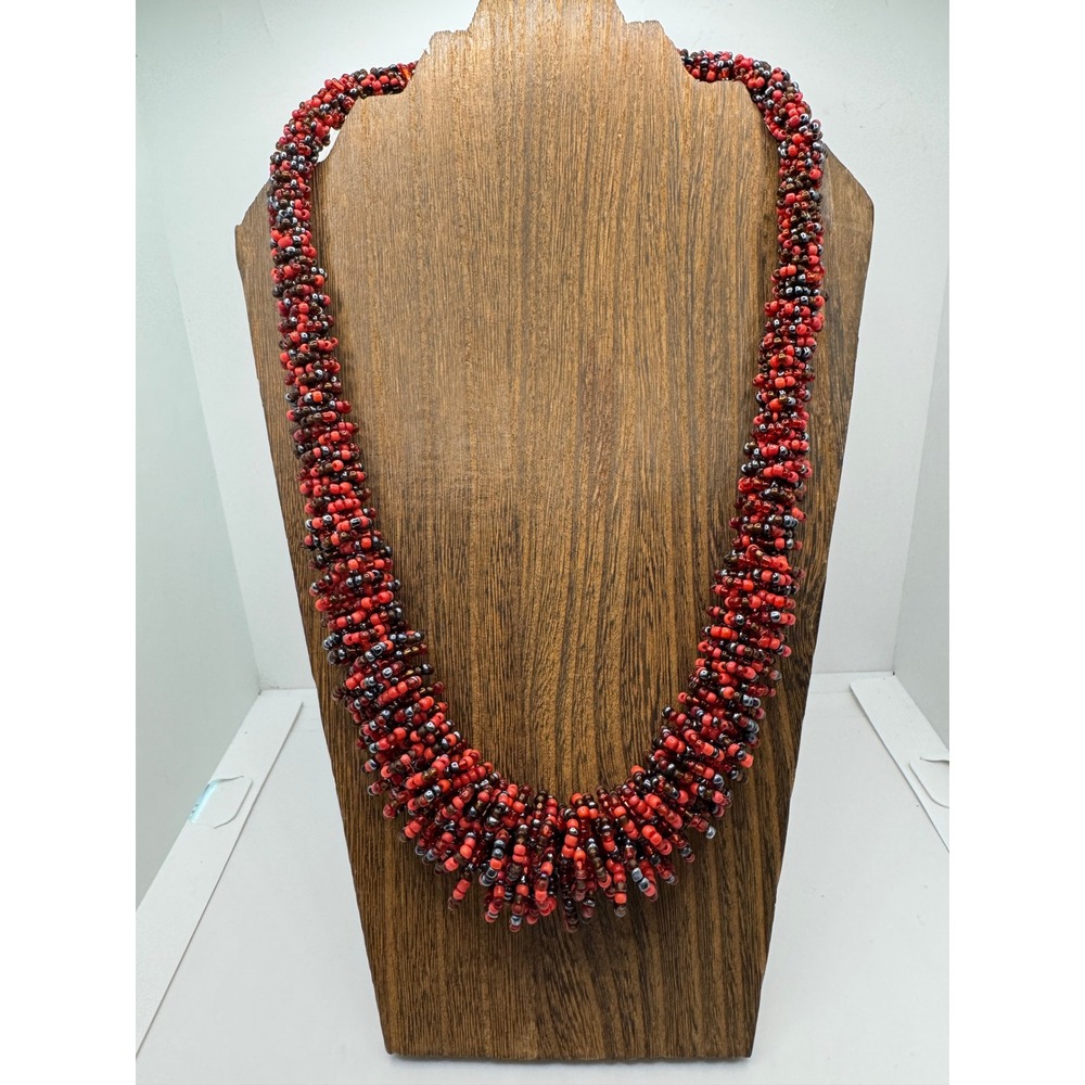 Vintage Red Seed Bead Statement Necklace Twisted Fringe Collar Boho Maximalist